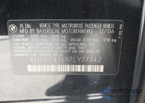 2007 BMW X5 3.0Si from USA, damaged, VIN 4USFE43597LY77342